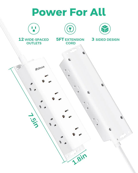 Dope 12 Outlet Surge Protector Power Strip With 3 Side Design Wall Mount Flat Plug 5 Foot Cord Widely Spaced Outlets Overload Protection And 900 Joules Surge Protection For Home Office Dorm Room showing dimensions and features