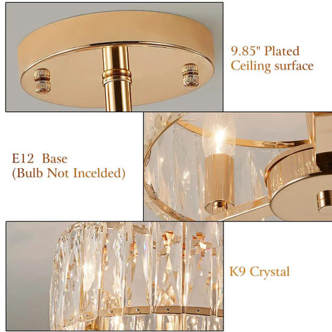 Close-up detail of K9 Crystal Gold Chandelier Ceiling Light Three Light Modern Mini Crystal Semi Flush Mount Pendant Lamp with E12 base