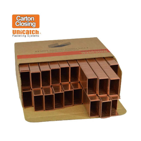 Tough As Nails Workhorse A Type Carton Closing Staples with 1 3 8 Inch Crown and 3 4 Inch Leg in copper finish packaging.