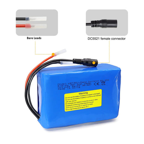 36V 5Ah Rechargeable Li-ion Battery Pack With Built-In 10A BMS, charger, XT-60 and XT-30 cables, shown with connectors