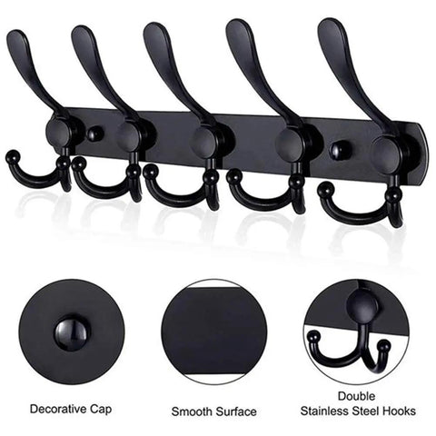 2 Pack Wall Mount Coat Rack Five Heavy Duty Hooks Solid Stainless Steel Build Built Different To Secure Hats Towels Robes - Black finish design.