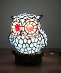 Blue Tiffany Style Stained Glass Owl Accent Table Lamp With Handmade Lampshade For Living Room Decor on wooden table