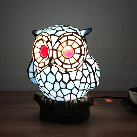 Blue Tiffany Style Stained Glass Owl Accent Table Lamp With Handmade Lampshade For Living Room Decor on wooden table