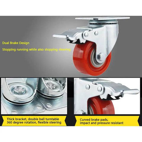 Close-up of 4 Pack Hella Tough Heavy Duty Caster Wheels With Dual Locking Brakes featuring thick galvanized brackets and smooth red wheels.