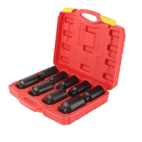 Heavy Duty 9-Piece Impact Rated Hex Socket Set For 1/2 Inch Drive Axle Hub Nuts Made From Hardened Chrome Steel Perfect For Pro Mechanic Tool Kits, red case open with nine black sockets