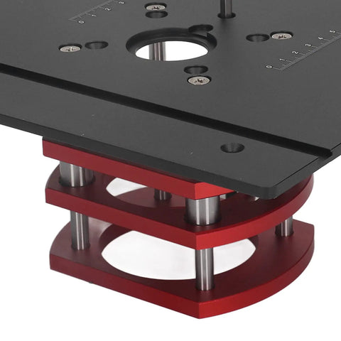 Straight Shooter Router Table Lift System With Firm Fix Grip For Universal Router Bases 64 To 66 Mm DIY Woodworking height adjustment fixture black and red design.