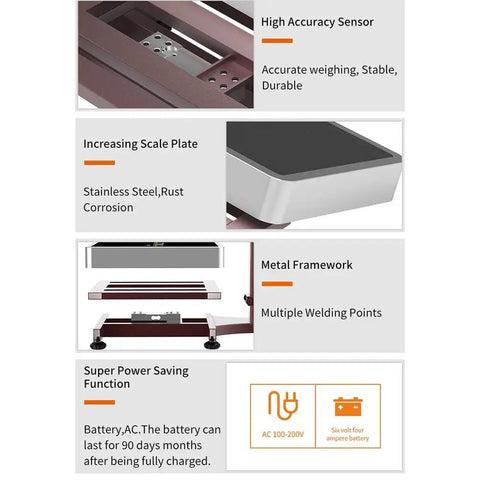 Precision Digital Floor Scale Heavy Duty Folding Platform With High Def Screen And Rechargeable Battery For Luggage Shipping Package Weighing Shops showing stainless steel scale plate and metal framework.