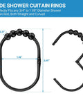12 Pack Wide Shower Curtain Hooks, Rustproof Stainless Steel Heavy Duty Curtain Rings With Smooth Glide Rollers, black dimensions shown
