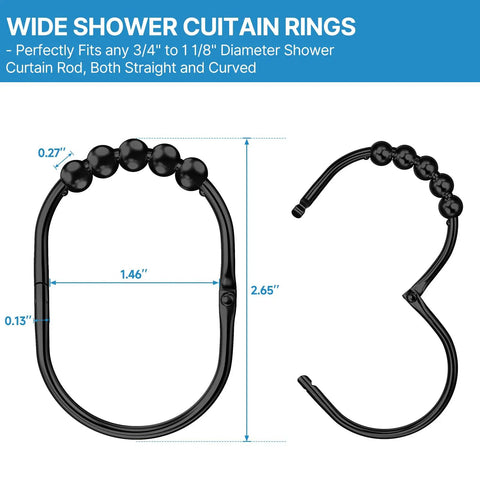 12 Pack Wide Shower Curtain Hooks, Rustproof Stainless Steel Heavy Duty Curtain Rings With Smooth Glide Rollers, black dimensions shown