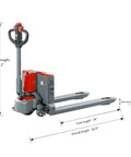 Tory Carrier Electric Pallet Truck 4400lb Capacity with 48x27 inch forks and upright handle, ideal for warehouse use.