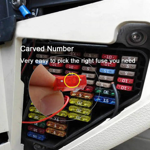 Close-up of mini blade fuses in a vehicle's fuse box showing easy-to-read carved numbers for Heavy Duty 130 Piece Mini Car Truck Boat Blade Fuse Assortment Kit With Puller Tool Includes 3A To 40A Assorted Electronic Fuses For Road Ready Auto Repair And Badass Circuit Protection Built Rugged For Any Job.