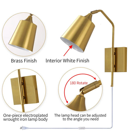 Modern Plug In Gold Wall Sconce Set Of 2 With Adjustable 180 Degree Light Heads showing brass finish and adjustable head