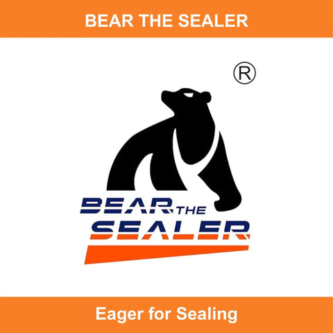 Bear the Sealer logo: black bear silhouette over blue text on white background, orange header and footer bars.