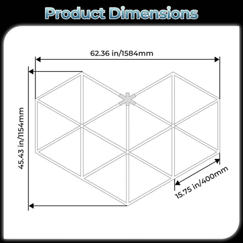 Dimensions of Hexagon Garage LED Light Panels Pack Of 27, 6500K Daylight, shown in layout diagram with measurements.