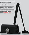 Automatic Door Closer With Adjustable Hydraulic Soft Close No Slam Door Stop Keeps Storm Screen Security Doors Quiet In High Traffic Entrances With Rust Proof Aluminum Construction, black matte finish.