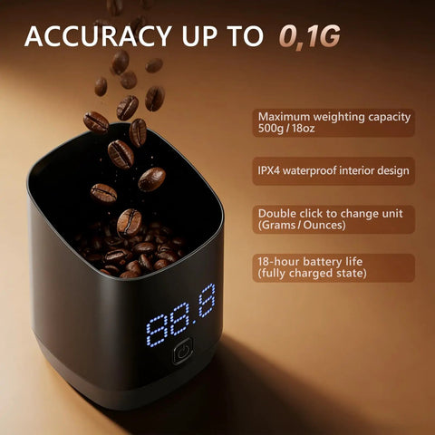 Pro Grade Ultra Precise 0.1g Coffee Scale With Dosing Cup showing LED display and coffee beans inside the dosing cup