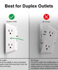 Image illustrating best practices for wall mount outlet extender usage on duplex outlets with secure screw install.