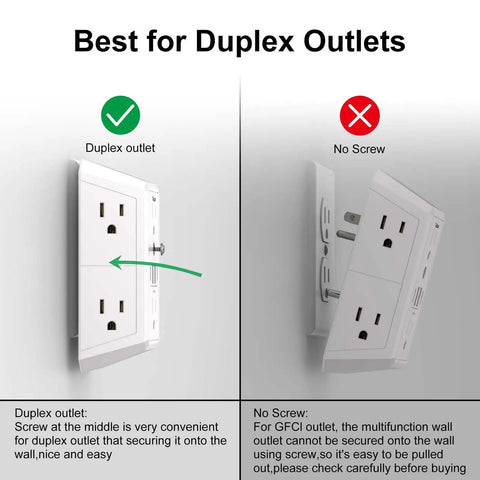 Image illustrating best practices for wall mount outlet extender usage on duplex outlets with secure screw install.