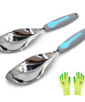 Two Pack Beefy Garden Trowels Set With Stainless Steel Blades And Ergonomic Handles For Digging Planting Transplanting Cultivating And All In One Soil Scoops In Blue, shown with green gardening gloves
