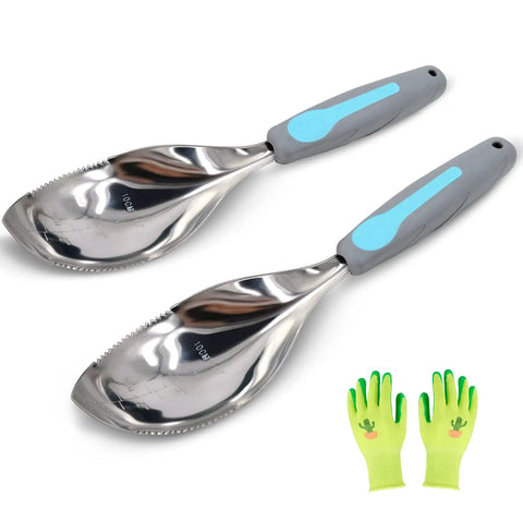 Two Pack Beefy Garden Trowels Set With Stainless Steel Blades And Ergonomic Handles For Digging Planting Transplanting Cultivating And All In One Soil Scoops In Blue, shown with green gardening gloves