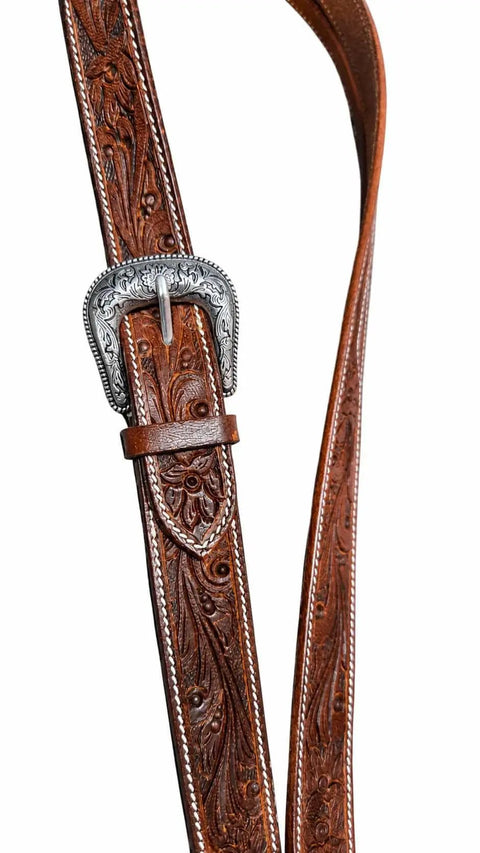 Premium Hand Tooled Leather Western Horse Headstall Split Ear Belt Design With Quick Bit Ties For Trail Cruises And Rodeo Sessions That Ride Slick As Can Be, detailed buckle and embossed leather.