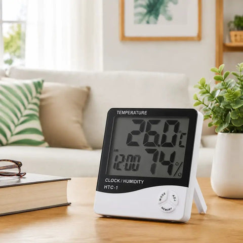 Smart Indoor Hygrometer And Thermometer For Home And Office With Crisp Temperature And Humidity Readings Compact Room Sensor For Baby Rooms Pets Bedrooms And Kitchen Comfort on wooden table