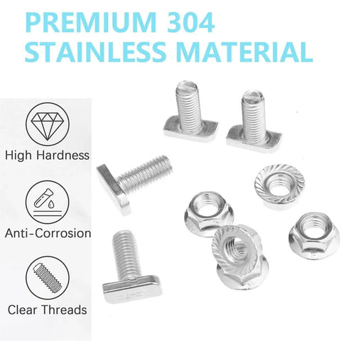 Right Tight T Slots Drop In Hammer Precision Bolts With Ten Pcs Hexagon Flange Nuts For Aluminum Framing And Cnc Rigs Build It Fast No Sweat A2 70 Steel, showing bolts and nuts, made of premium 304 stainless steel.