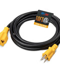 Built Tough 10 Ft Ac Power Adapter Cord 15 To 20 Amp Nema 5 15P To 5 15R 5 20R 6 15R 6 20R T Blade Splitter cable in black and yellow.