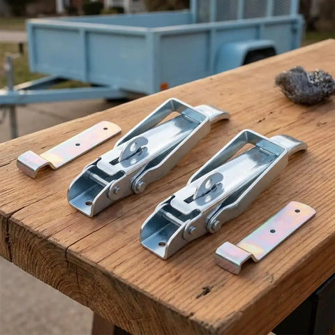 Rock Solid Utility Trailer Lift Gate Latches Two Pack Replacement Handles on a wooden surface, heavy-duty metal construction.