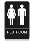 ADA Braille Unisex Bathroom Sign With Double Sided 3M Tape ABS Plastic Gender Neutral Restroom Sign For Offices And Restaurants 9 By 6 Inches Sleek Modern Mountable Office Sign For Biz Spaces showing male and female icons with raised braille.