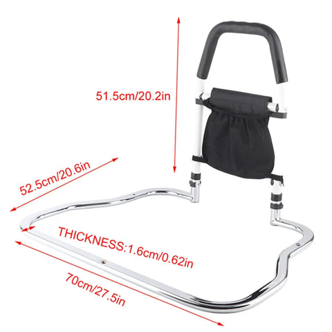 Sturdy Stainless Steel Bed Rail Safety Aid With Anti Slip Handrail For Fall Prevention and Independence, measurements shown