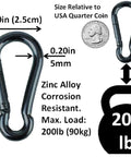 Heavy Duty Bushcraft Carabiner Snap Hooks In Black And Silver Zinc Finish, 90kg 200lb Load, 5cm size comparison with coin