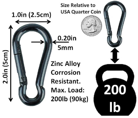 Heavy Duty Bushcraft Carabiner Snap Hooks In Black And Silver Zinc Finish, 90kg 200lb Load, 5cm size comparison with coin