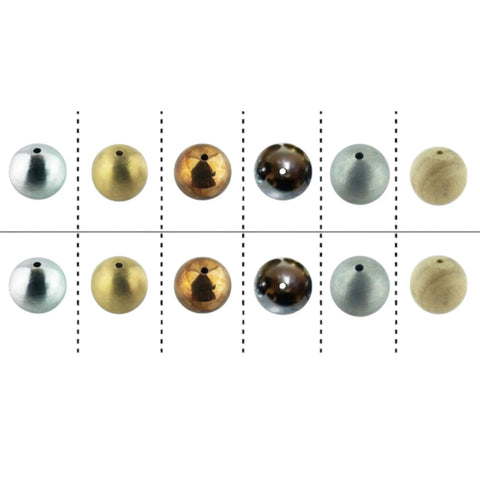 Ultimate Pendulum And Motion Study Kit With 25mm Drilled Balls Set showing 12 assorted metallic and wooden balls with holes