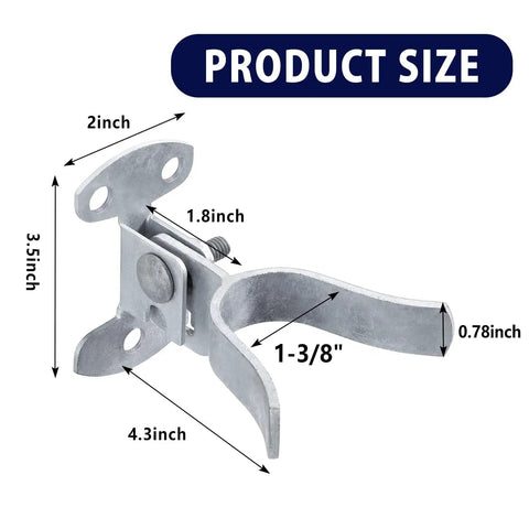 1-3/8 Inch Chain Link Fence Gate Latch Wall Mount Flat Back Metal Gate Fork Latch Hardware With Lag Bolt For Fence Gate Frames Easily Mounts To Post Or Wall Durable And Easy To Install, shown with dimensions
