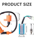 Beefed Up Racing Ignition Coil Spark Plug A7TC CDI Kit with product dimensions for GY6 50cc to 150cc 4-stroke engines.