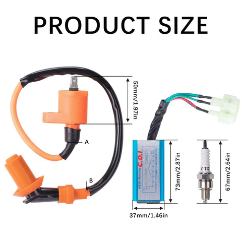 Beefed Up Racing Ignition Coil Spark Plug A7TC CDI Kit with product dimensions for GY6 50cc to 150cc 4-stroke engines.