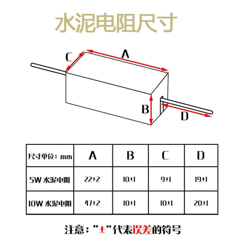 5W 4R7 cement resistor; angled side view of a rectangular white ceramic block with axial leads and dimension arrows A–D.