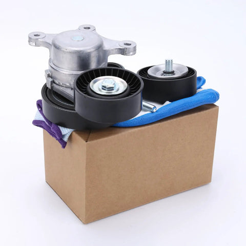 Premium Serpentine Belt Tensioner And Idler Pulley Kit Direct Fit For Ford Explorer Edge Taurus Fusion Flex 3.5L V6 2007 To 2019 Keep Your Ride Squeal Free With Quick Swap And Top Shelf Build Grade Replacement Part 04593633AA Skip Dealer Fees Today. on box