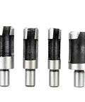 Upgrade Your Benchtop Game With This Slick Eight Piece Wood Plug Cutter And Dowel Maker Kit Featuring Straight And Tapered Drill Bits In Four Essential Metric Sizes: close-up of sharp carbon steel bits with round shanks.