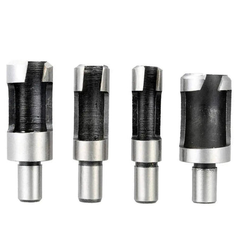 Upgrade Your Benchtop Game With This Slick Eight Piece Wood Plug Cutter And Dowel Maker Kit Featuring Straight And Tapered Drill Bits In Four Essential Metric Sizes: close-up of sharp carbon steel bits with round shanks.