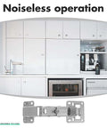 Hidden Concealed Door Hinges With 170 Degree Large Angle For Easy Operation, shown installed on a kitchen cabinet.