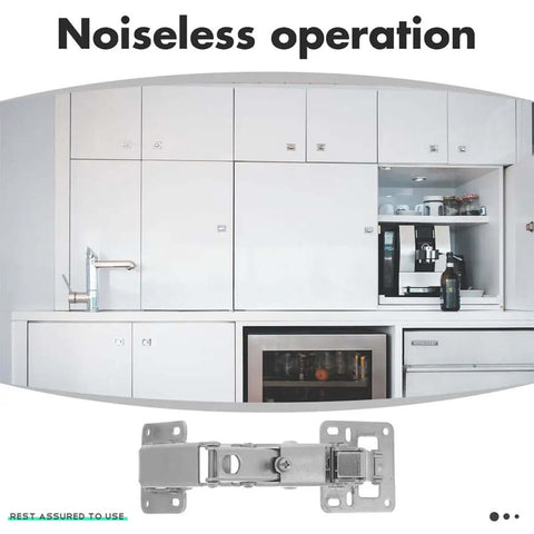 Hidden Concealed Door Hinges With 170 Degree Large Angle For Easy Operation, shown installed on a kitchen cabinet.