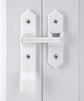 Two Pack 180 Degree Barn Door Lock With Handle, Heavy Duty Flip Gate Latch For Sliding Doors, white metal on wooden door