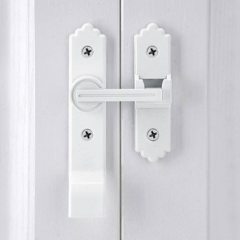 Two Pack 180 Degree Barn Door Lock With Handle, Heavy Duty Flip Gate Latch For Sliding Doors, white metal on wooden door