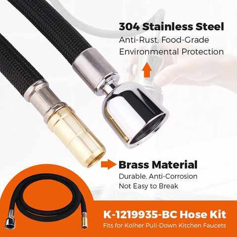 67-Inch Bright Chrome Hose Kit For Pull-Down And Pull-Out Kitchen Faucets Replacement Part with stainless and brass connectors