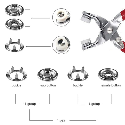200 Piece Metal Snap Button Set With Quick Fastener Pliers Tool Kit for DIY fashion and sewing durable 9.5mm snaps, pliers, components.