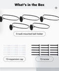 Five Pack Wall Mount Ball Holders Rugby Style Rack For Football Soccer Basketball Keeps Your Garage Neat And Gym Ready Includes 26 Screws And Expansion Anchors For Quick Secure Mounting. 5 black wall-mounted holders, screws and anchors