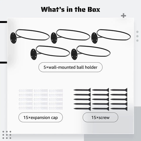 Five Pack Wall Mount Ball Holders Rugby Style Rack For Football Soccer Basketball Keeps Your Garage Neat And Gym Ready Includes 26 Screws And Expansion Anchors For Quick Secure Mounting. 5 black wall-mounted holders, screws and anchors