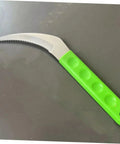 Two Piece Weeding Tool Set Pro Grade Portable Garden Knife with green handle and serrated steel blade for lawn care and root pulling.
